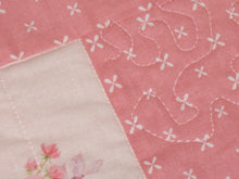 Load image into Gallery viewer, Dreamcatcher Handcrafted Personalized All Natural Pink Floral with Beige, Pink, Aqua and Grey Accents Baby Quilt
