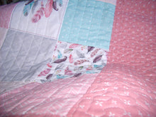 Load image into Gallery viewer, Dreamcatcher Handcrafted Personalized All Natural Pink Floral with Beige, Pink, Aqua and Grey Accents Baby Quilt
