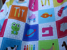 Load image into Gallery viewer, Learn and Play Handcrafted Personalized All Natural Cuddly Boldly Blue 60 Objects Baby Quilt Active