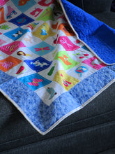 Load image into Gallery viewer, Learn and Play Handcrafted Personalized All Natural Cuddly Boldly Blue 60 Objects Baby Quilt Active