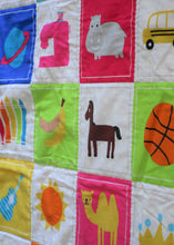 Load image into Gallery viewer, Learn and Play Handcrafted Personalized All Natural Cuddly Boldly Blue 60 Objects Baby Quilt Active