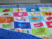 Load image into Gallery viewer, Learn and Play Handcrafted Personalized All Natural Cuddly Boldly Blue 60 Objects Baby Quilt Active