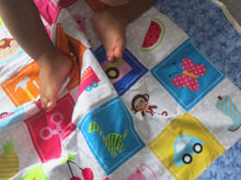 Load image into Gallery viewer, Learn and Play Handcrafted Personalized All Natural Cuddly Boldly Blue 60 Objects Baby Quilt Active