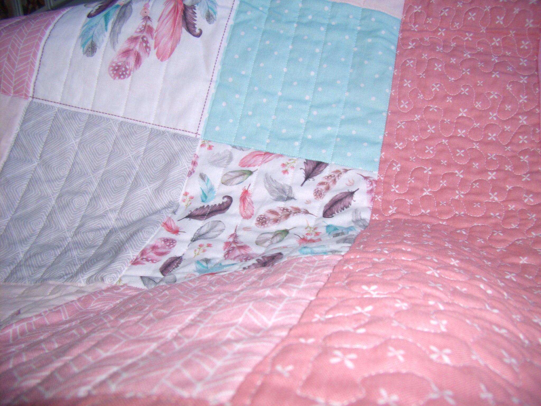 Diagonal Patch, hot Dinky baby quilt in pink